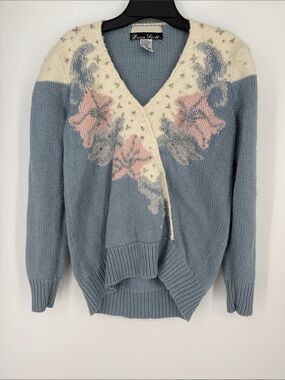 Vintage 80s Dana Scott Blue & Cream Floral Embellished V-Neck Sweater Sz medium